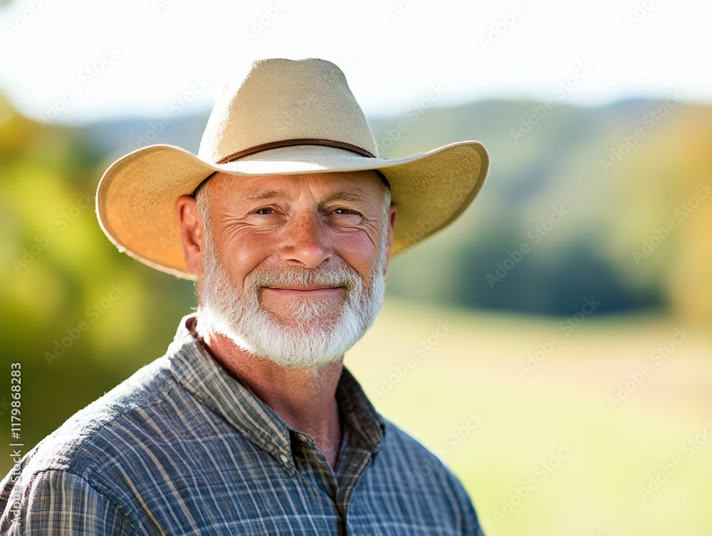 Fototapeta premium Man wearing a straw hat and a plaid shirt