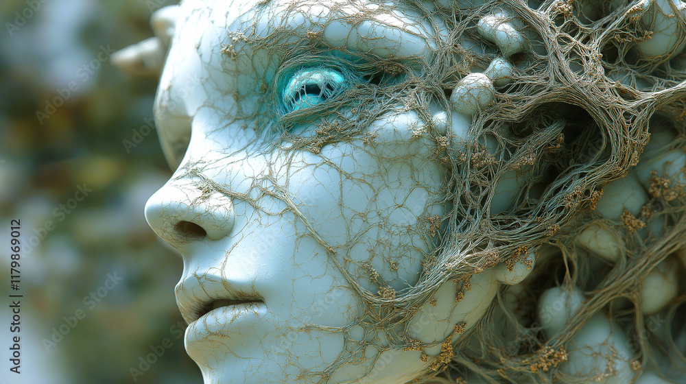 Close-up of a sculpted face, its skin overlaid with a complex web of branching filaments and interwoven threads. Close-up of a sculpted face, its skin overlaid with a complex web of branching filaments and interwoven threads.