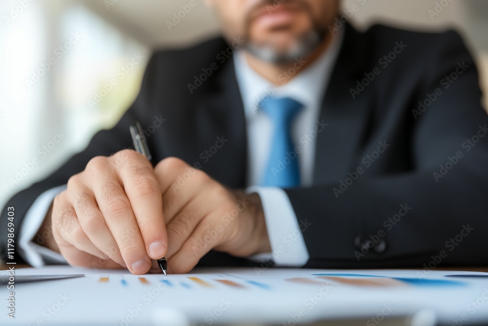 Man in a suit is writing with a pen on a piece of paper