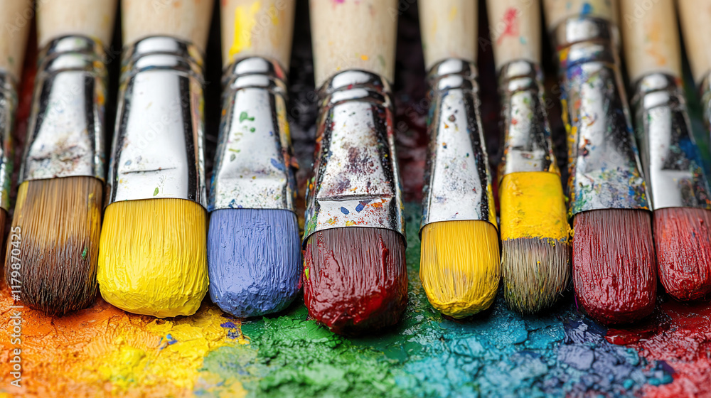 Fototapeta premium Vibrant Paintbrush Collection Displaying an Array of Colors Including Yellow Blue Red and Green Shades Capturing the Essence of Artistic Creativity in a Perfectly Aligned Pattern