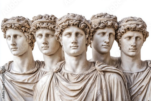 Stone busts in classical style, depicted in profile, showcasing diverse textures photo