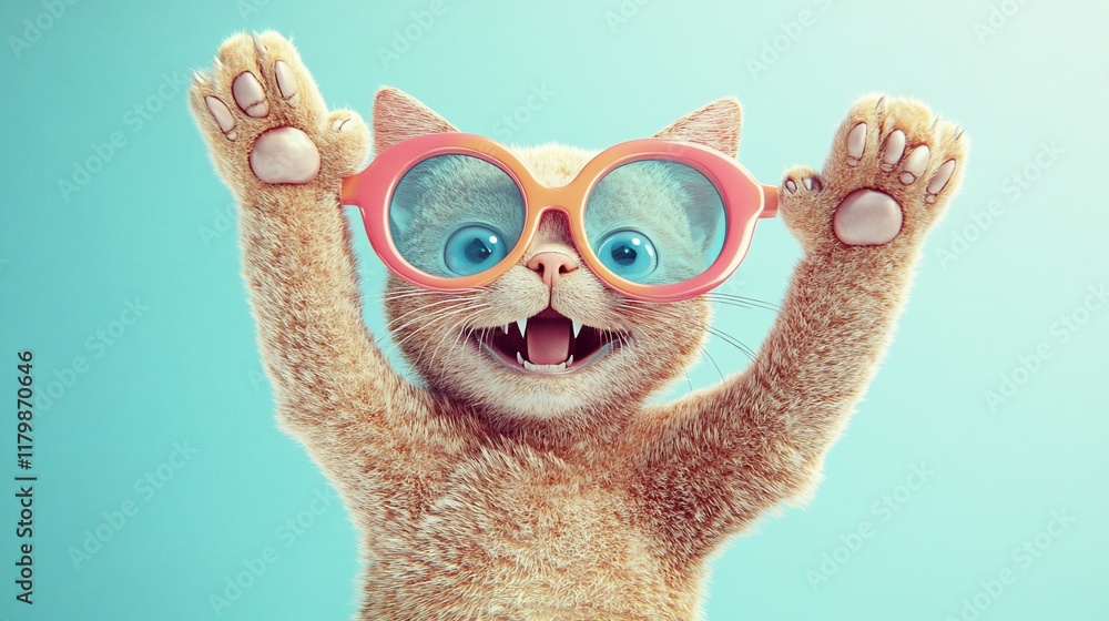 Fototapeta premium Happy ginger kitten wearing oversized sunglasses, paws raised.