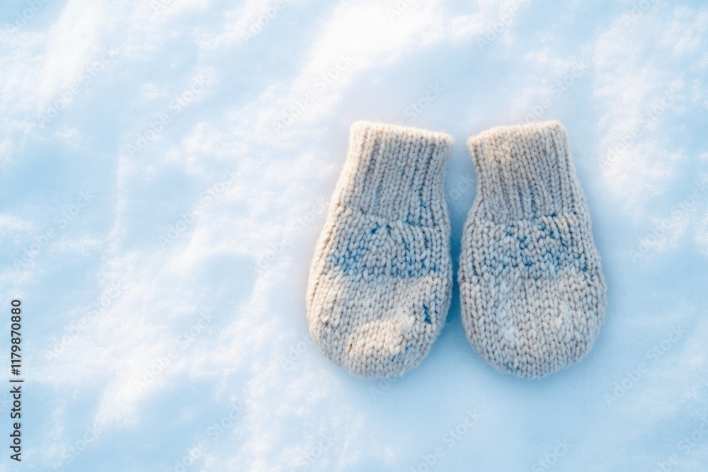 A pair of cozy, hand-knitted mittens rests on a pristine, snowy surface.