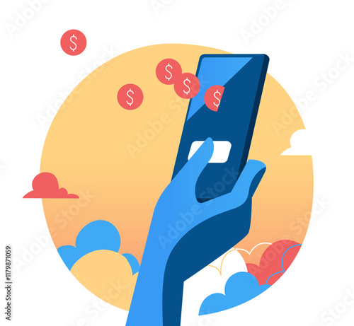hand holding mobile phone with coins floating in the space
