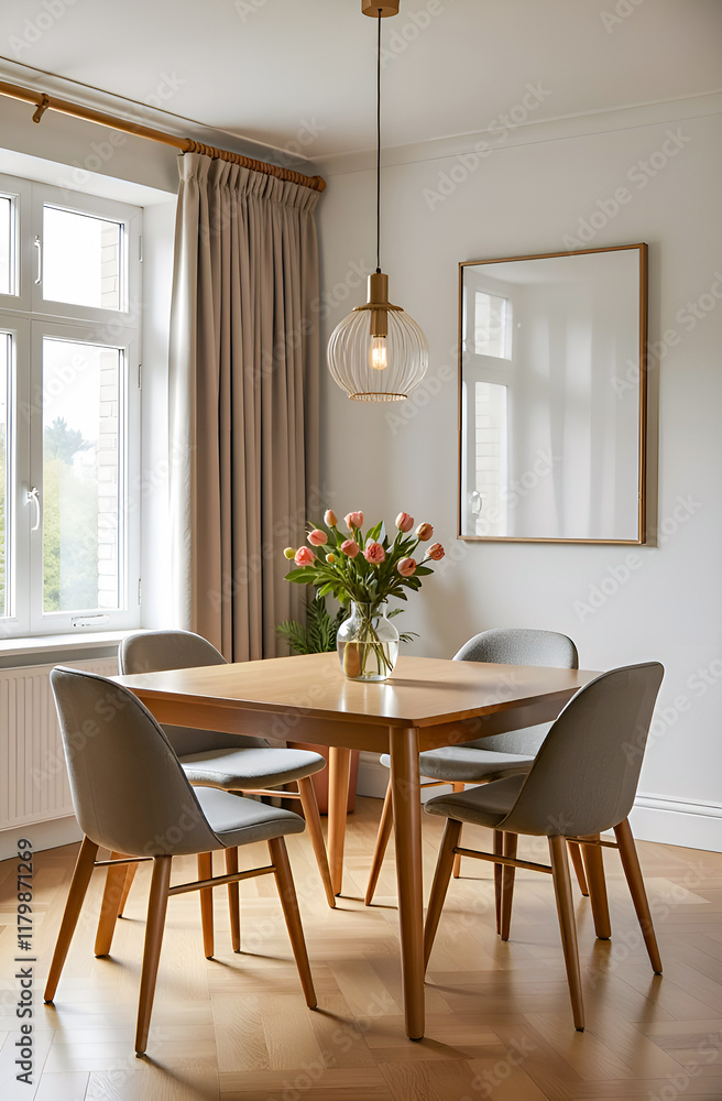 Interior design of a modern routine room. classic wooden dining table and chairs in a stylish room Interior design of a modern routine room. classic wooden dining table and chairs in a stylish room