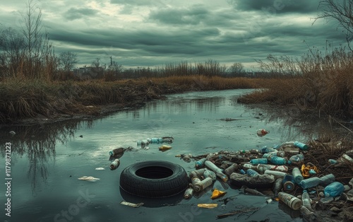 A polluted river with plastic bottles, cans, and tires floating on the surface, surrounded by dirty riverbanks, under a cloudy sky.