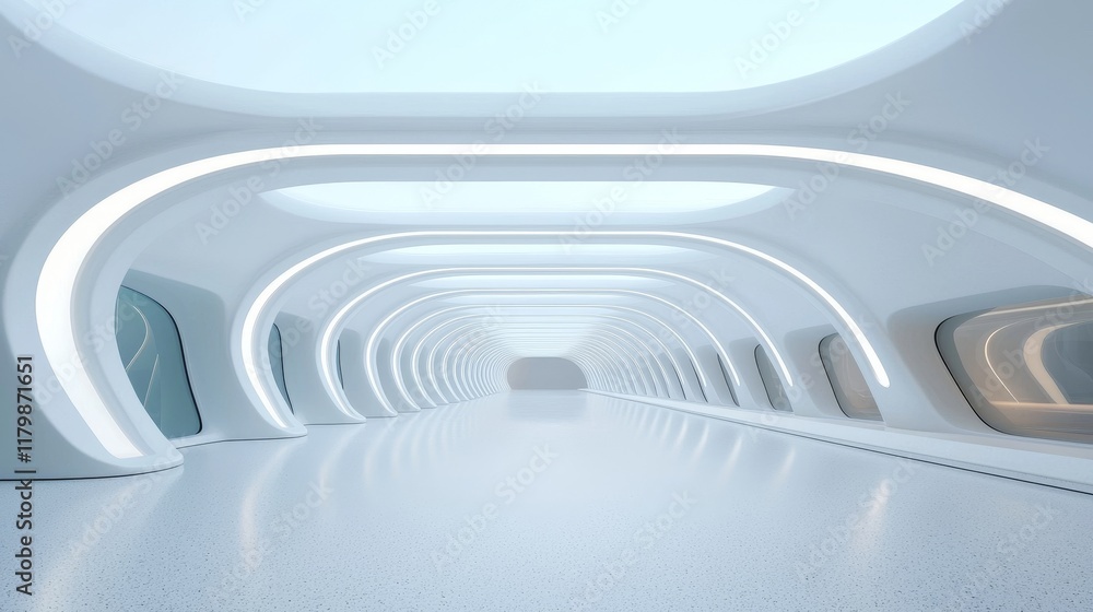 Fototapeta premium A sleek, modern hallway with smooth, white surfaces and soft, glowing lights, creating a futuristic ambiance.
