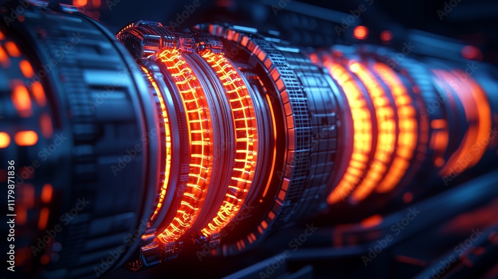 A futuristic, glowing mechanical device with intricate details and vibrant orange lights, showcasing advanced technology and design. A futuristic, glowing mechanical device with intricate details and vibrant orange lights, showcasing advanced technology and design.