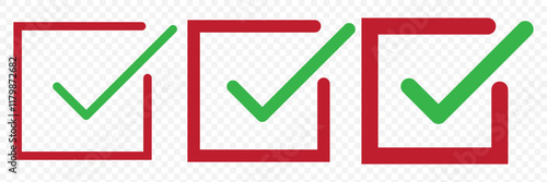 check box icon with correct with different line width. approved symbol. accept checkmark icons green tick box, check list square frame sign. eps 10.