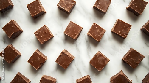 Chocolate fudge pieces arranged in a neat pattern on a marble countertop