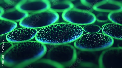 A vibrant close-up of green and blue cellular structures, showcasing intricate patterns and textures reminiscent of microscopic life.