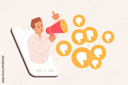 Failure of reputation strategy, negative feedback and hate. Hater and influencer on big smartphone screen holding megaphone to vote thumbs down for product or service cartoon vector illustration
