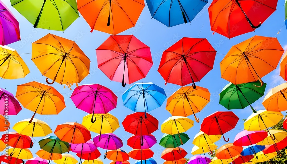 Naklejka premium Rainbow Umbrellas: A Vibrant, Joyful Outdoor Scene