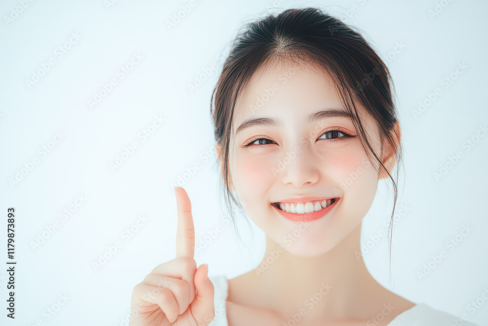 Bright and cheerful young woman smiling and pointing upward, conveying positivity and encouragement against a clean white background. Bright and cheerful young woman smiling and pointing upward, conveying positivity and encouragement against a clean white background.