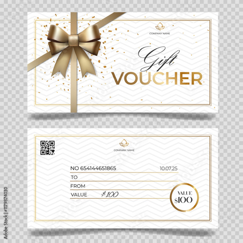 Luxury gift voucher with golden bow. Template for gift card, coupon. Stylish gift voucher. Promo or flyer offer