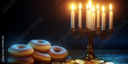 Hanukkah menorah with donuts and coins  . photo