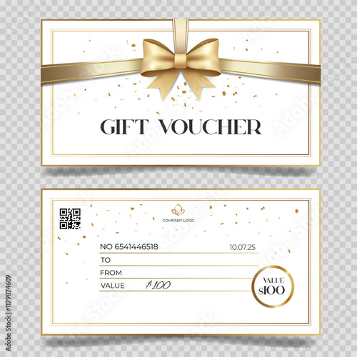 Gift voucher with golden bow. Elegant template for gift card, coupon. Stylish gift voucher. Promo or flyer offer