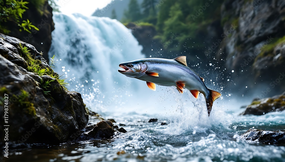 Fototapeta premium Salmon Leap: Dramatic Waterfall Scene, Vivid Aquatic Art
