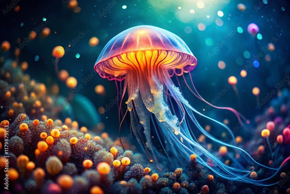 Mesmerizing Deep Sea Jellyfish with Bokeh, Bioluminescent Ocean Life Stock Photo Mesmerizing Deep Sea Jellyfish with Bokeh, Bioluminescent Ocean Life Stock Photo