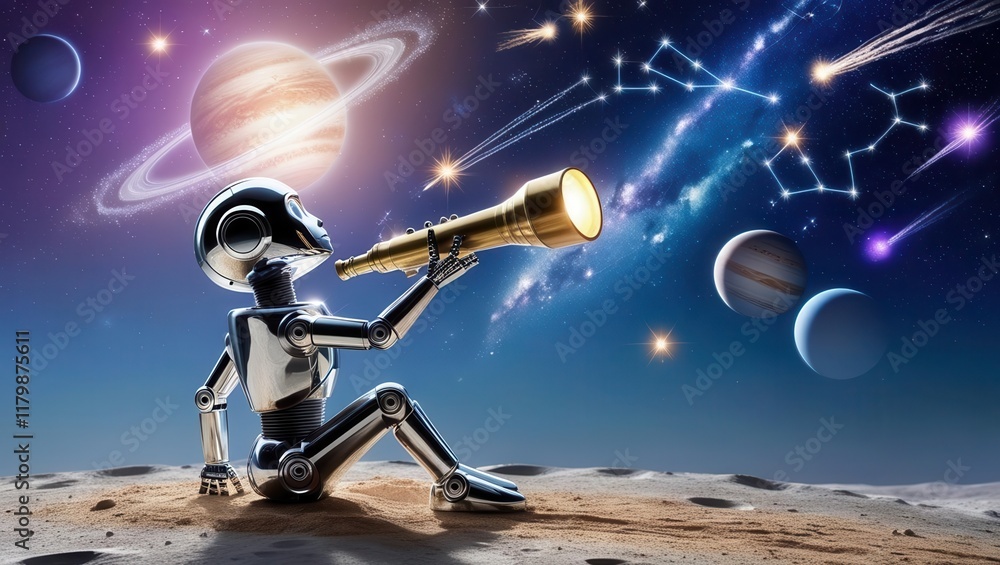 Robot stargazing on lunar surface space exploration digital art cosmic environment side view Robot stargazing on lunar surface space exploration digital art cosmic environment side view