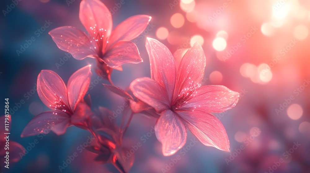 Fototapeta premium Enchanting floral composition with vibrant pink blossoms delicate petals and a dreamy ethereal backdrop of shimmering bokeh lights and tonal harmony