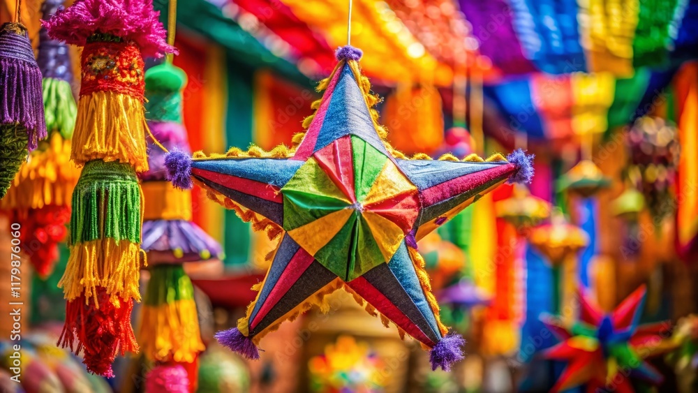 Fototapeta premium Mexican Fiesta: Star-Shaped Piñata, Vivid Colors, High Depth of Field
