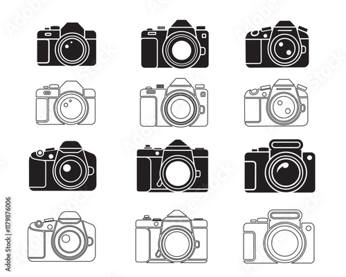 Collection of Simple Black and White Camera Icon set. silhouette camera icon bundle. silhouette fill and line art camera icon set