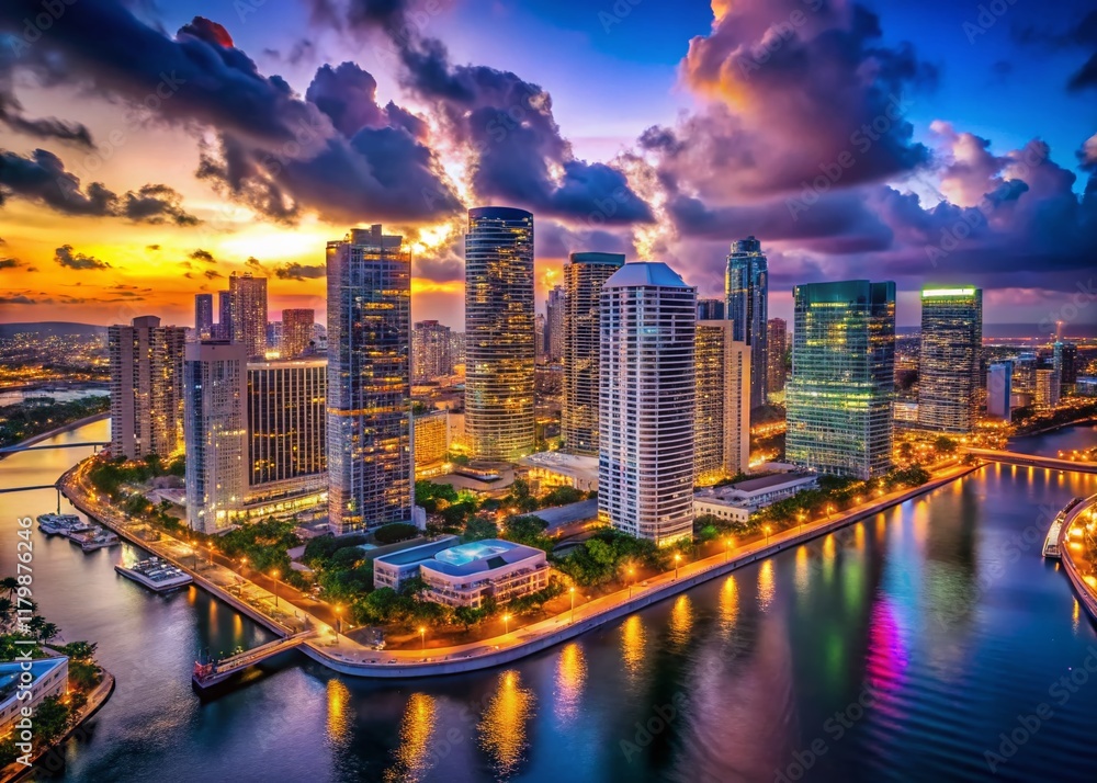 Fototapeta premium Miami Downtown Night Aerial Drone Photography: Stunning Cityscape View