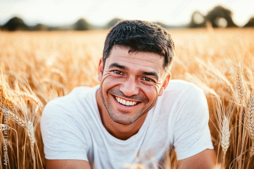 A man is smiling in a field of wheat. Concept of happiness and contentment A man is smiling in a field of wheat. Concept of happiness and contentment