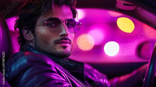 Stylish man in sunglasses driving at night  . photo