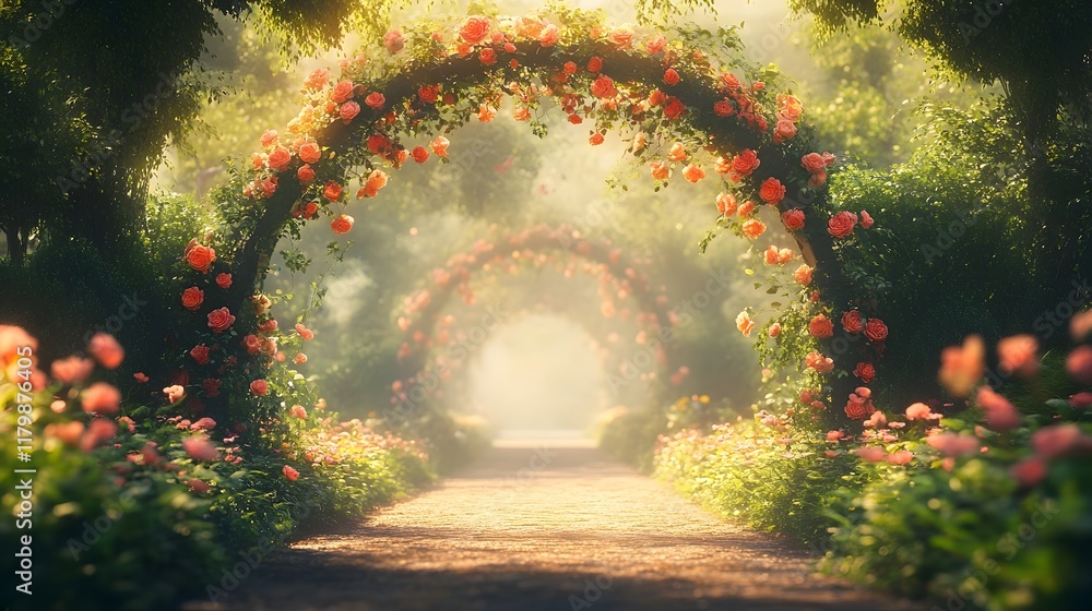 Obraz premium Serene and enchanting garden archway surrounded by a lush display of blooming flowers basking in the gentle glow of the warm sunlight creating a picturesque and magical natural scene