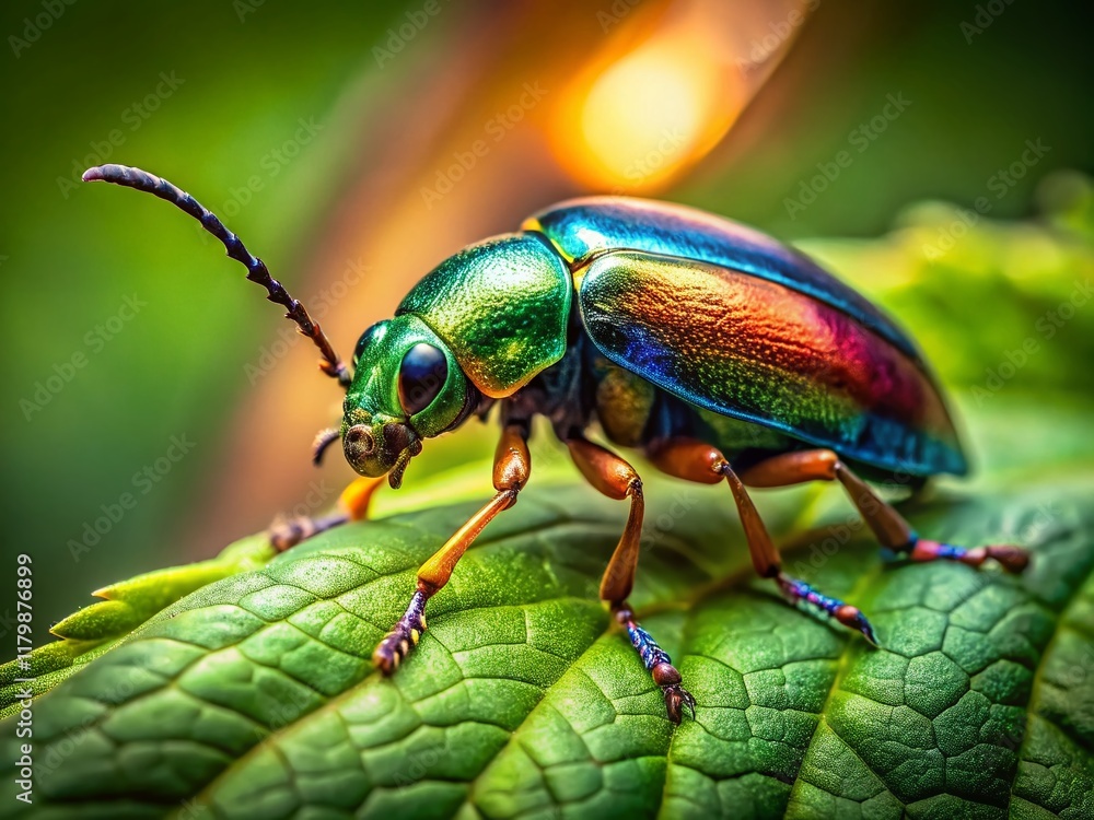 Fototapeta premium Micrelytra Fossularum Beetle on Lush Green Leaf, Macro Landscape Photography