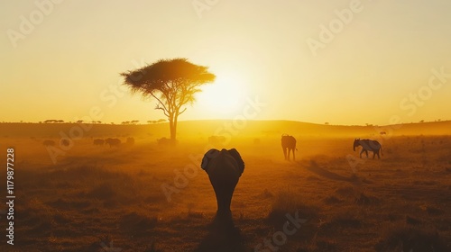 An elephant standing under an acacia tree in the African savannah at dawn, surrounded by other elephants and dust clouds