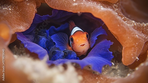 Orange and white clownfish nestled in vibrant purple anemone. photo