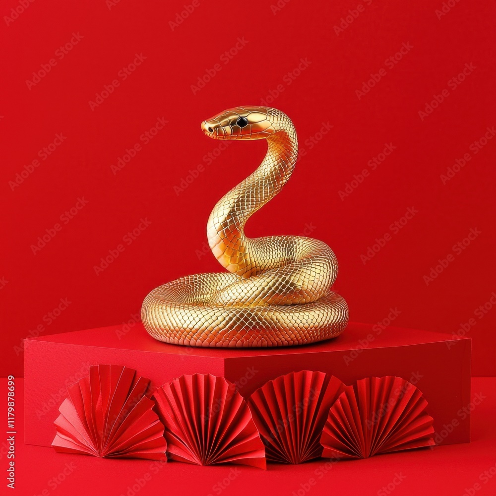 Fototapeta premium Chinese New Year 2025, A golden snake figurine elegantly coiled on a red backdrop, accented by decorative paper fans, creating a striking visual contrast.
