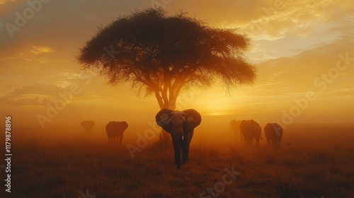 An elephant standing under an acacia tree in the African savannah at dawn, surrounded by other elephants and dust clouds