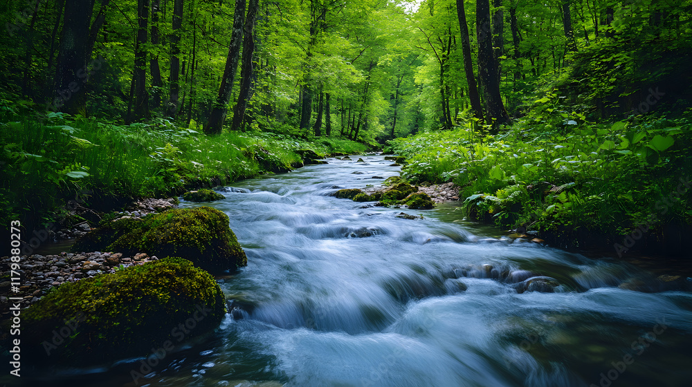 Obraz premium A flowing river cutting through a dense rainforest, with lush greenery as the background, during a vibrant summer day