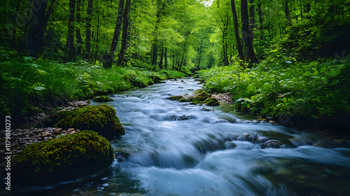 A flowing river cutting through a dense rainforest, with lush greenery as the background, during a vibrant summer day
