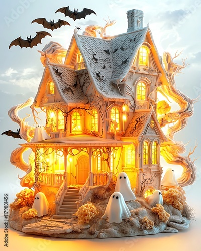 Enchanting Haunted House Surrounded by Glowing Ghosts and Bats in a Pastel Halloween Setting with Spooky Atmosphere and Eerie Details photo