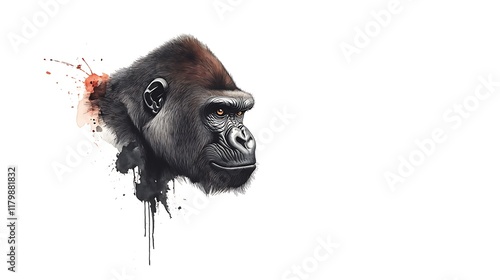 Powerful Gorilla Portrait: Digital Painting with Ink Splatter Detail AI Generated photo