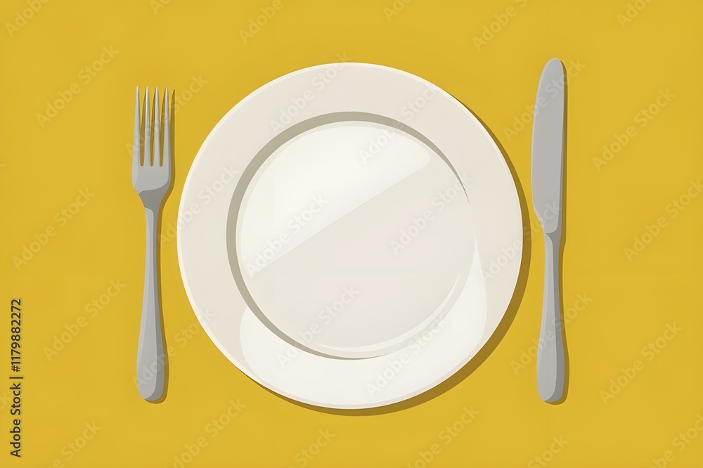 Empty round plate with a fork and knife placed on a bold yellow background for creative dining visuals Empty round plate with a fork and knife placed on a bold yellow background for creative dining visuals