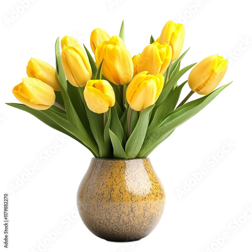 Yellow tulips in a vase isolated on transparent background