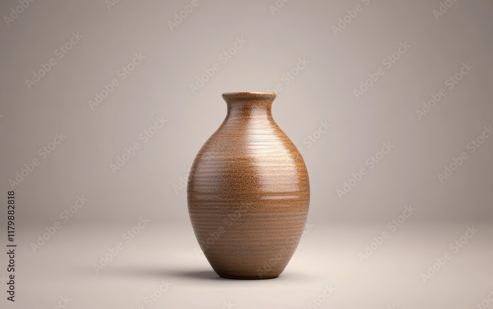 A simple ceramic vase with visible brushstrokes and earthy tones on light grey background A simple ceramic vase with visible brushstrokes and earthy tones on light grey background