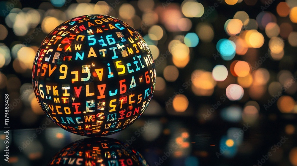 Fototapeta premium Colorful letters and numbers on a sphere reflected on a dark surface with bokeh lights.
