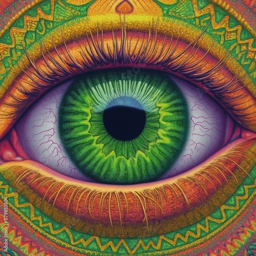 Vibrant and Colorful Artistic Representation of a Human Eye Surrounded by Intricate Patterns and Hypnotic Swirls, Symbolizing Perception and Awareness photo