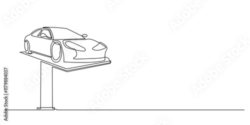 continuous line of car hydraulics.one line drawing of car on hydraulics.car service,clean car wash.single line vector illustration.isolated white background
