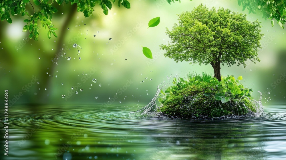 Serene Tranquility: A Lush Green Tree Island Emerging from Pristine Waters Serene Tranquility: A Lush Green Tree Island Emerging from Pristine Waters