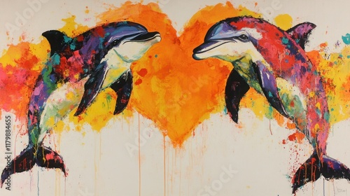 Colorful and Playful Dolphins Swimming Together in a Heart-Shaped Splash of Vibrant Paints and Textures for Artistic Decoration and Inspiration photo