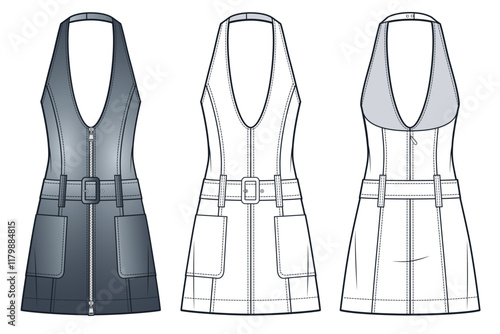 Halter Neck Dress technical fashion Illustration. Denim mini Dress fashion flat technical drawing template, low neck, zipper, pockets, front, back view, white, grey, women, girls Dress CAD mockup set.