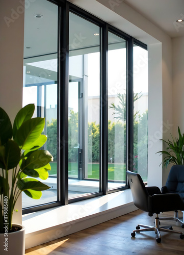 Sparkling new PVC windows with double glazing installed in a modern office, highlighting energy-efficient and noise-reducing benefits of plastic window renovations for a comfortable workspace. new ima